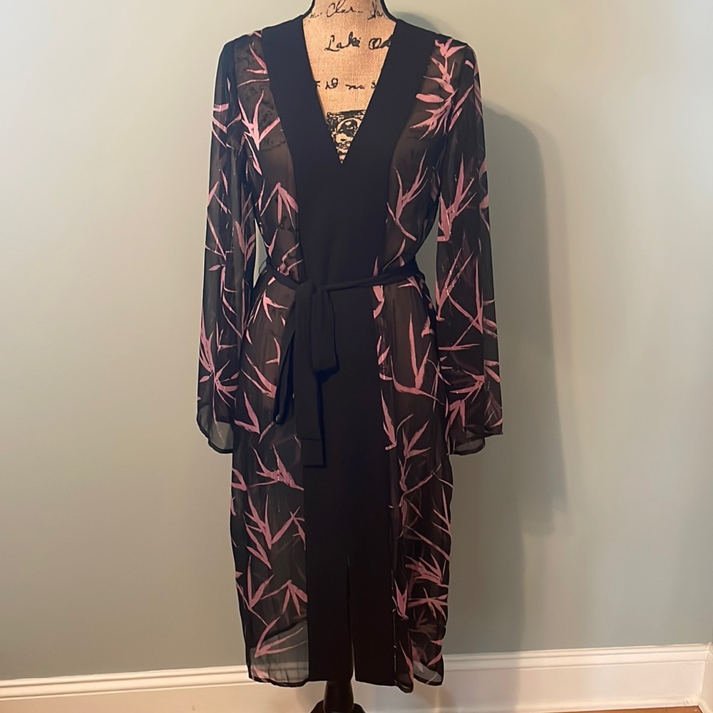 BCBG Max Azria Womens Black Kimono Bamboo Branches Metallic Printed Dress